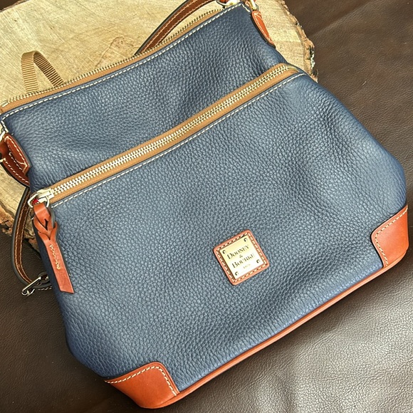 Dooney & Bourke hand bag/ purse BLUE leather RED cloth BROWN trimmings - Picture 1 of 5